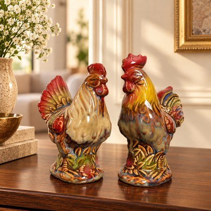 Glazed Rooster Ceramic Figurine (Set of 2)