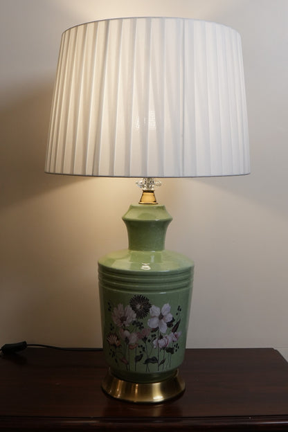 Sage Green Blossom Ceramic Table Lamp with Gold Base