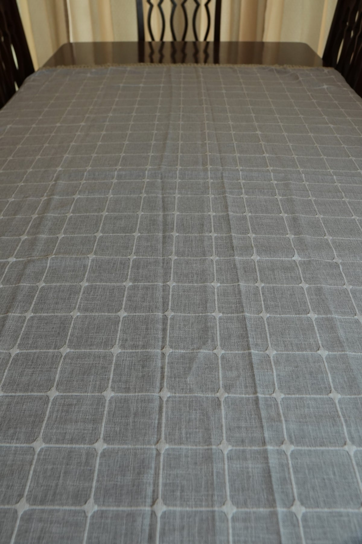 Blue Grey Windowpane Check Table Cloth with Tassel Fringe (6 Seater)