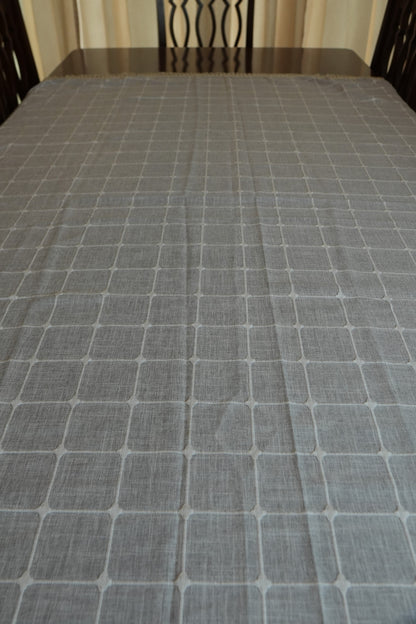 Blue Grey Windowpane Check Table Cloth with Tassel Fringe (6 Seater)