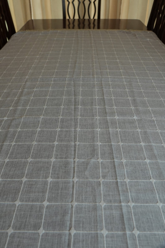 Blue Grey Windowpane Check Table Cloth with Tassel Fringe (6 Seater)