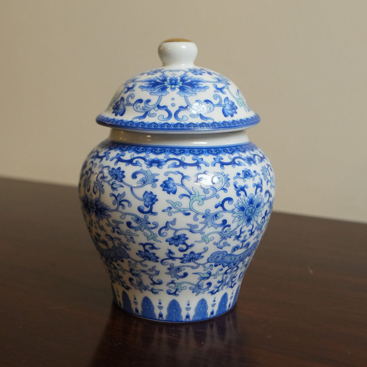Blue Floral Ceramic Lidded Jar with Gold Knob