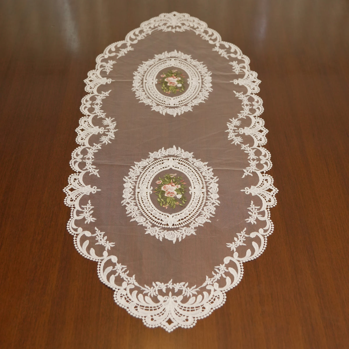 Ivory Rose Medallion Sheer Lace Table Runner (Small)