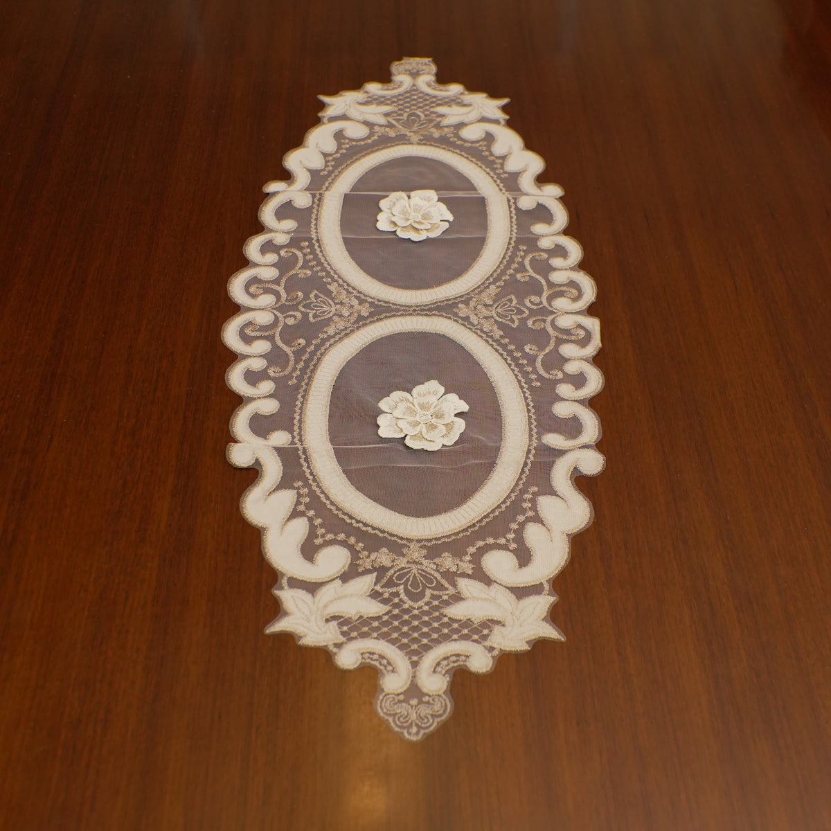 Champagne 3D Flower Oval Sheer Table Runner (Small)
