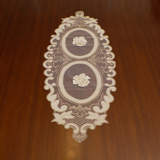 Champagne 3D Flower Oval Sheer Table Runner (Small)
