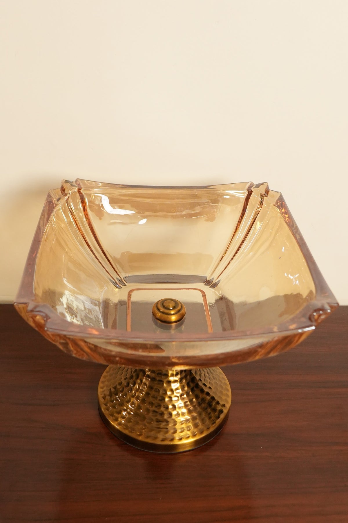 Amber Glass Square Pedestal Bowl with Hammered Gold Stand