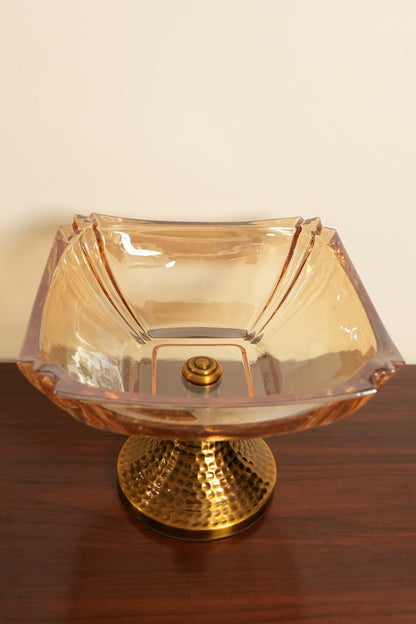 Amber Glass Square Pedestal Bowl with Hammered Gold Stand