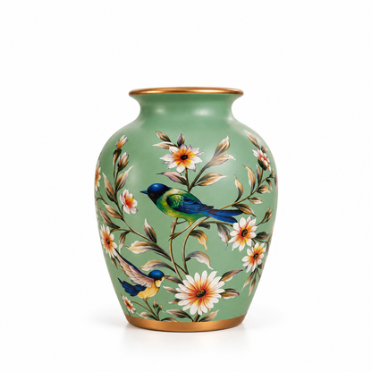 Sage Green Bird & Blossom Rounded Ceramic Vase