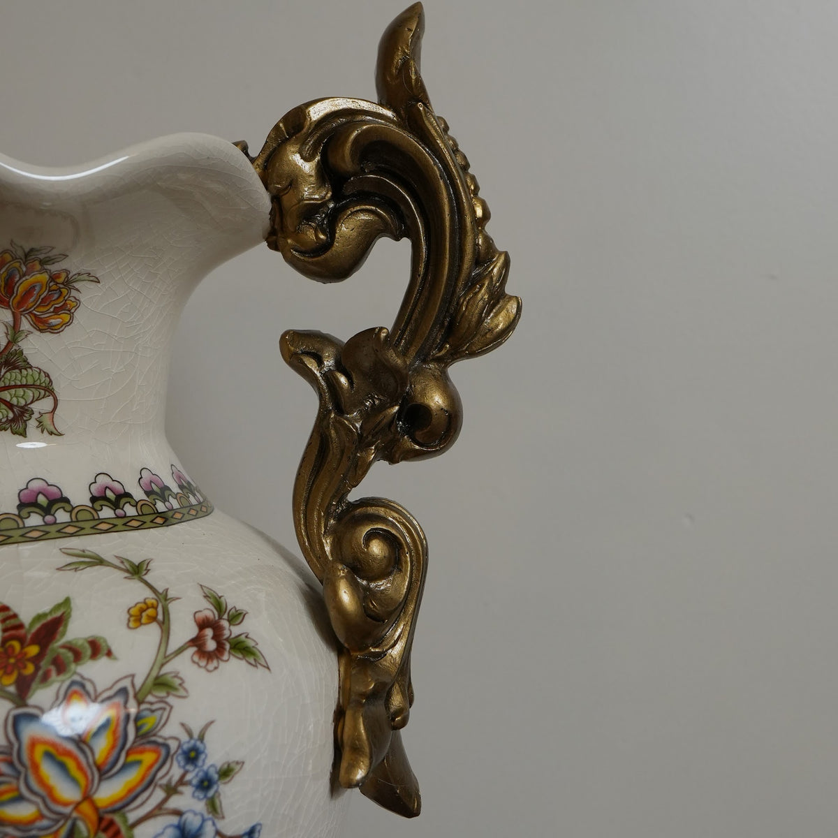 Ivory Jacobean Floral Ceramic Vase with Gold Scroll Handles & Pedestal