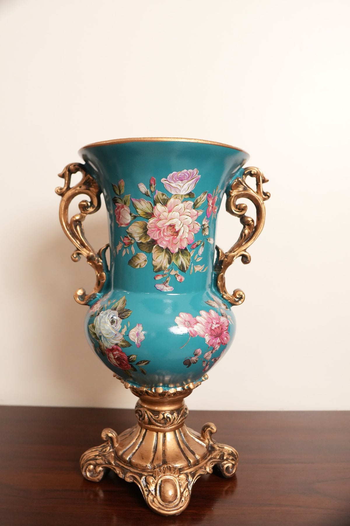 Teal Peony Ceramic Trumpet Vase with Gold Handles & Pedestal