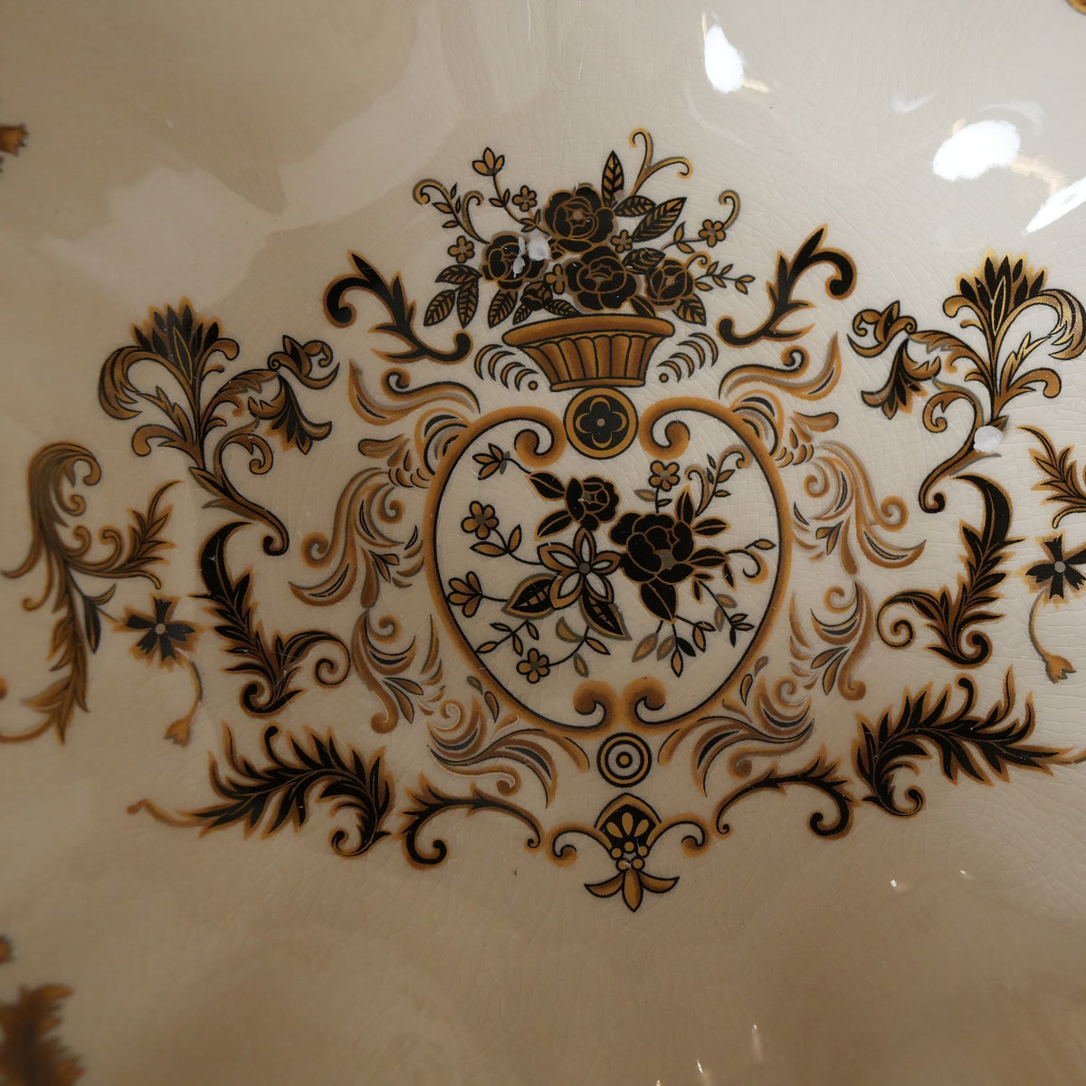 Ivory Baroque Ceramic Fluted Centerpiece Bowl with Gold Pedestal