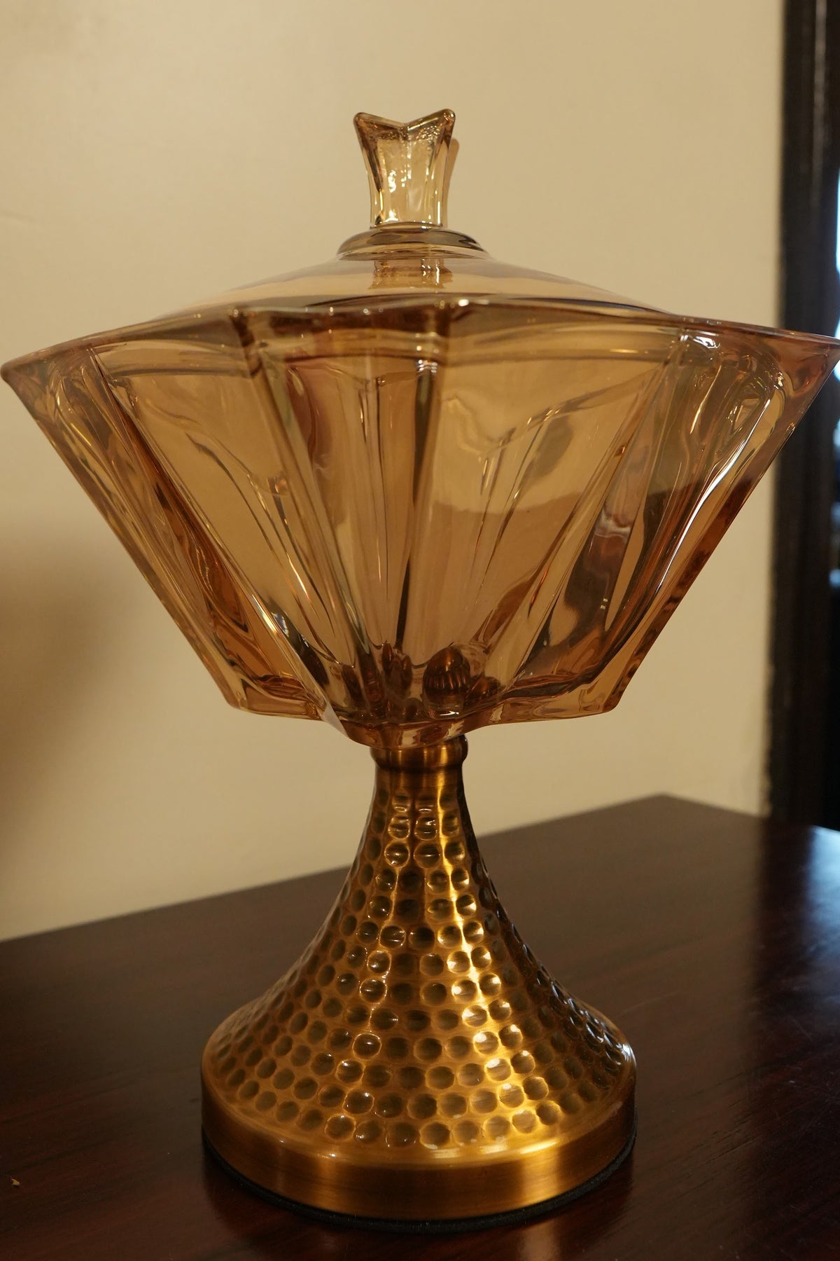 Amber Glass Lidded Pedestal Bowl with Hammered Gold Stand