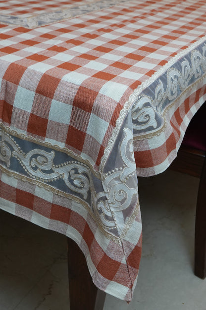 Rust Orange Gingham Check Table Sheet with Scroll Lace Panel (6 Seater)