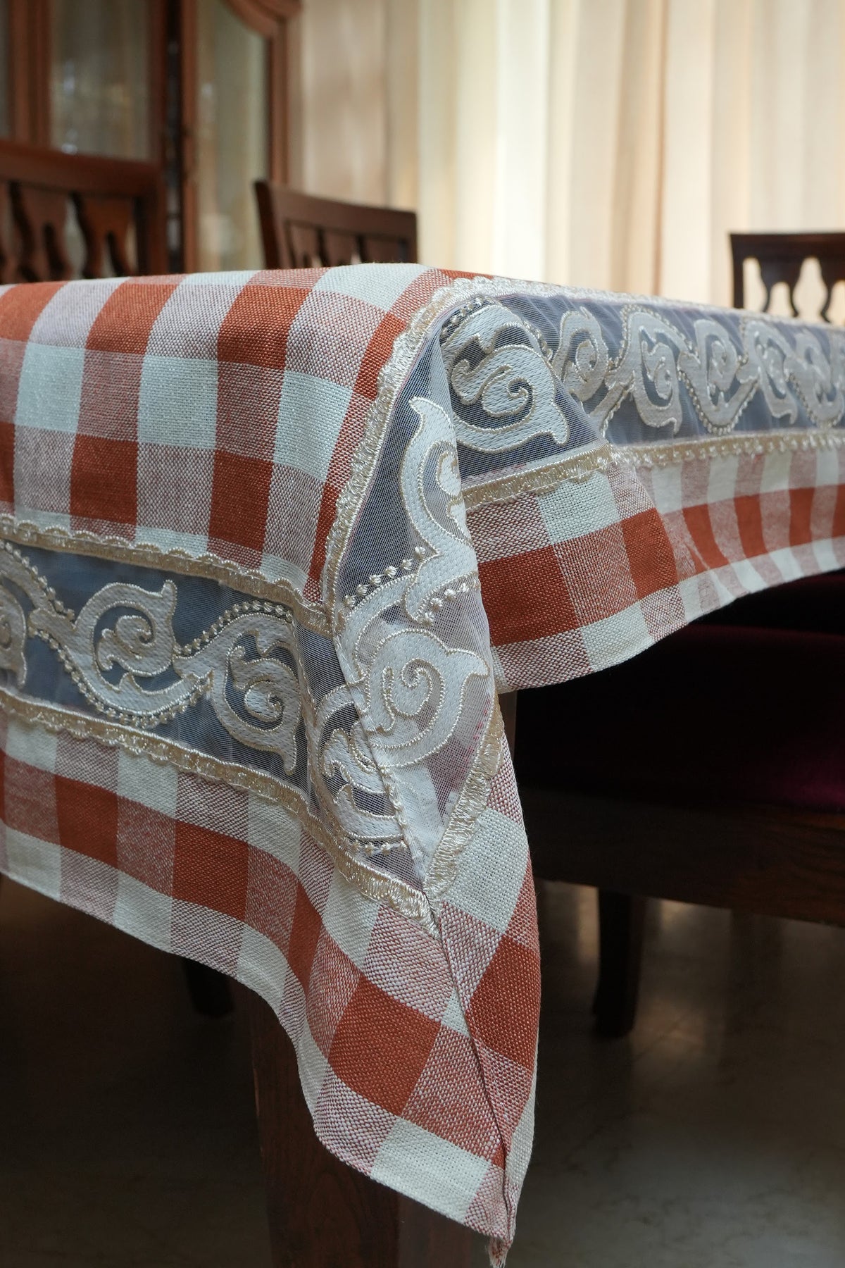 Rust Orange Gingham Check Table Sheet with Scroll Lace Panel (6 Seater)