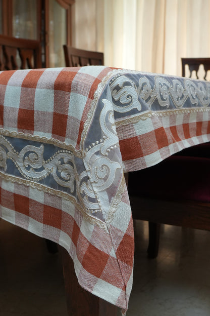 Rust Orange Gingham Check Table Sheet with Scroll Lace Panel (6 Seater)