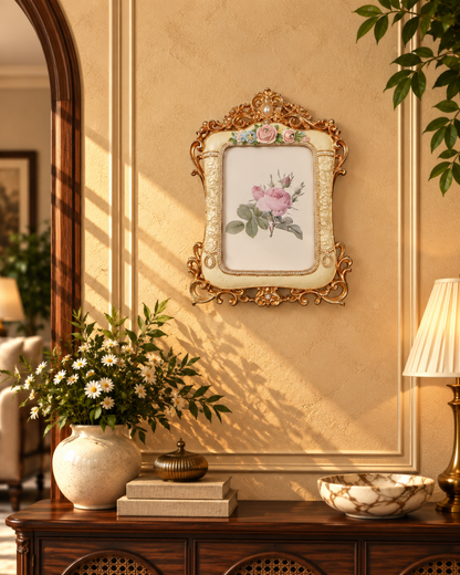 Cream & Gold Baroque Photo Frame with Pearl Crest