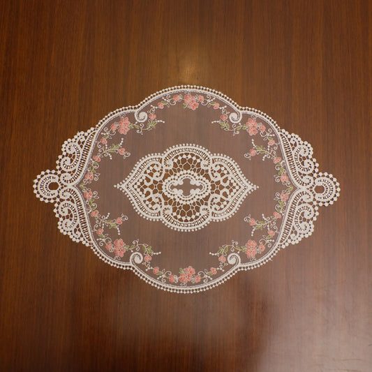 White Lace & Pink Floral Vine Sheer Oval Table Mat (Set of 2)