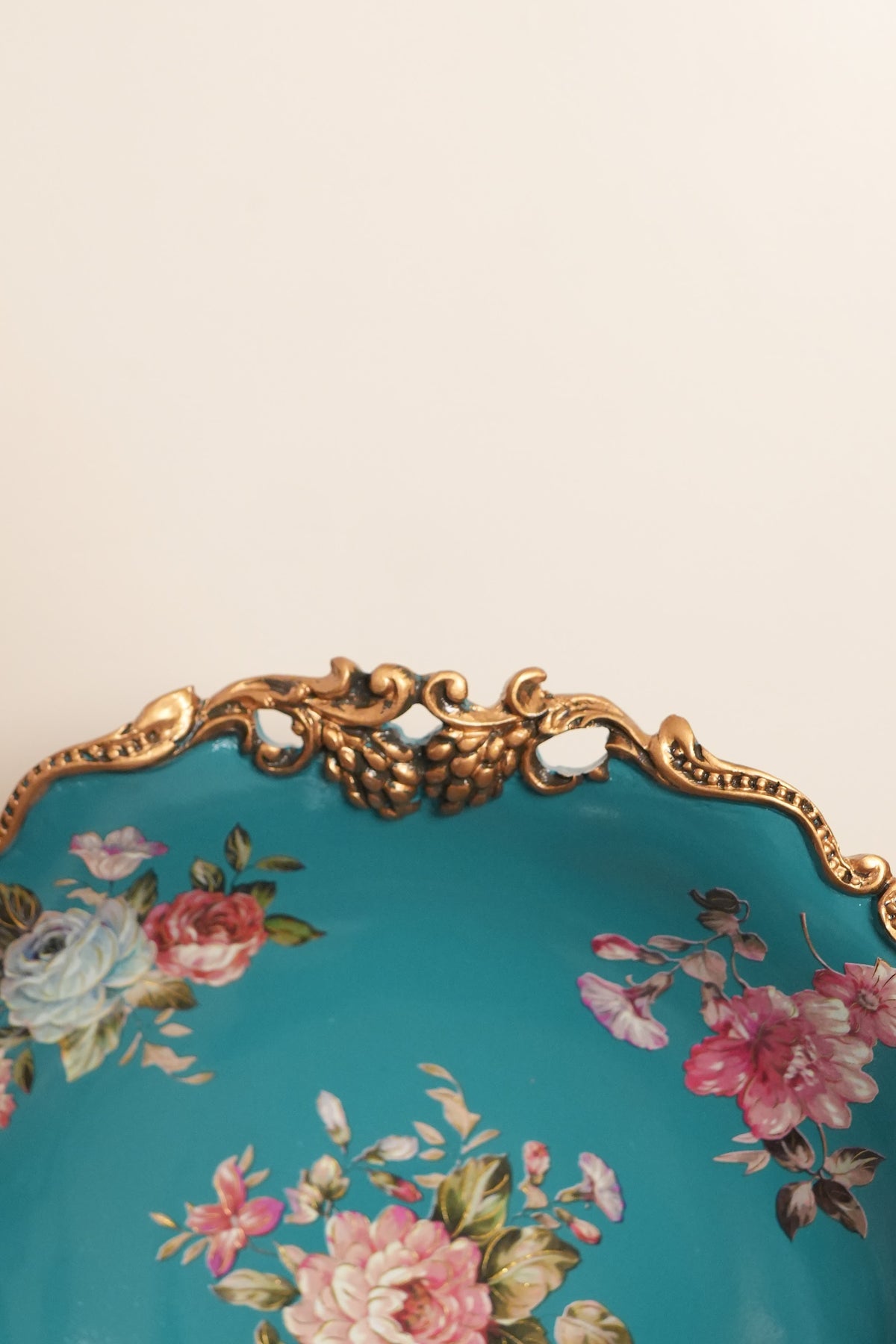 Teal Floral Ceramic Centerpiece Bowl on Gold Stand