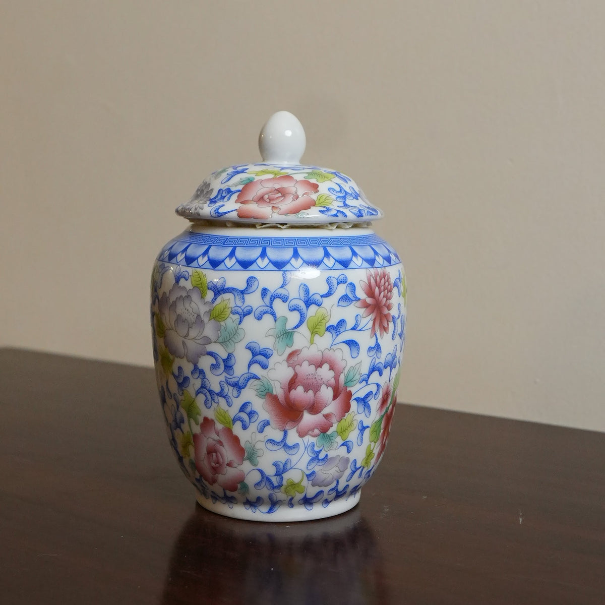 Pink Peony & Blue Scroll Ceramic Lidded Jar