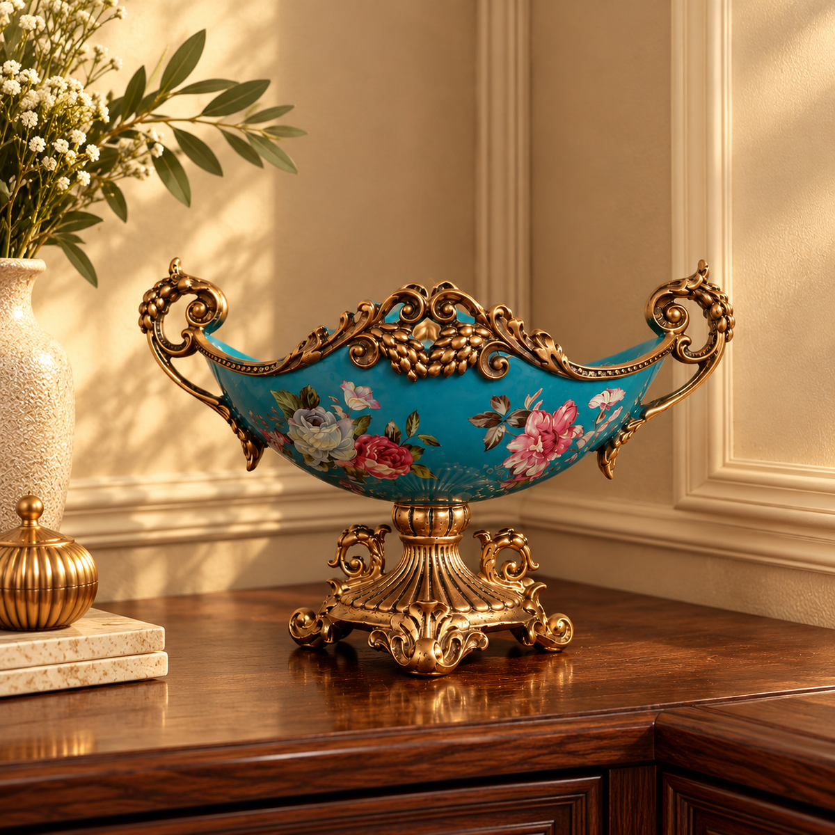 Teal Floral Ceramic Boat Centerpiece with Gold Handles