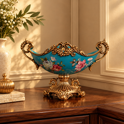 Teal Floral Ceramic Boat Centerpiece with Gold Handles