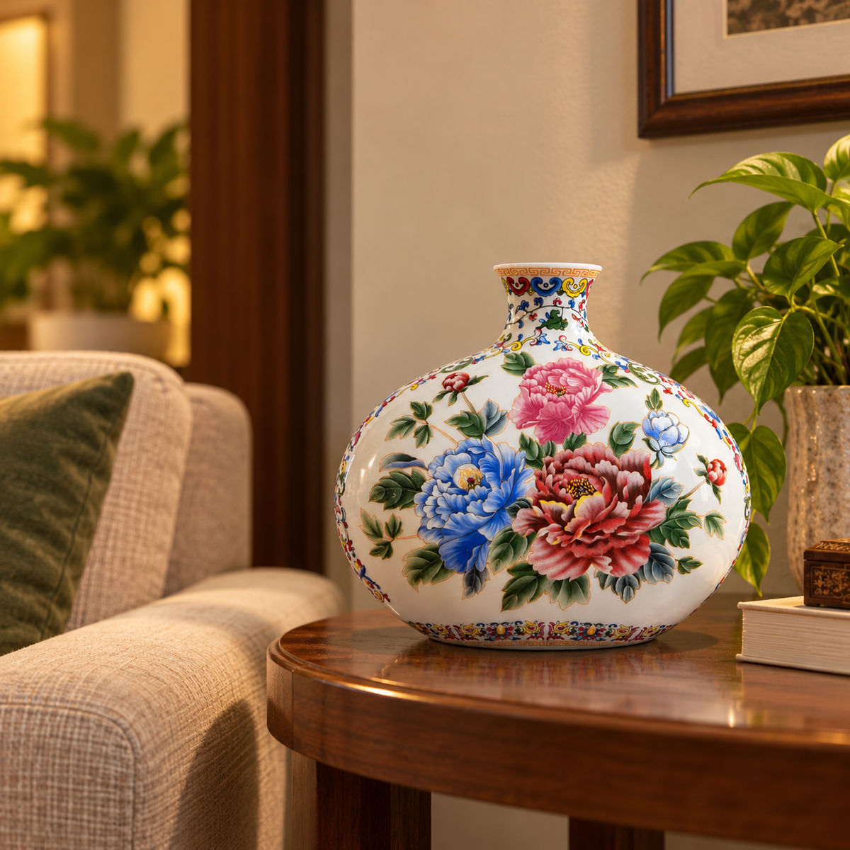 Peony Bouquet Ceramic Round Vase