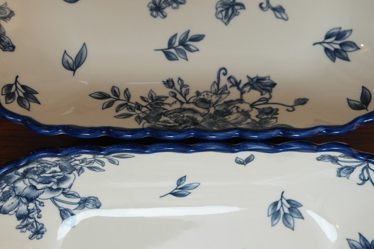 Indigo Rose Ceramic Square Platter with Handles Set of 2