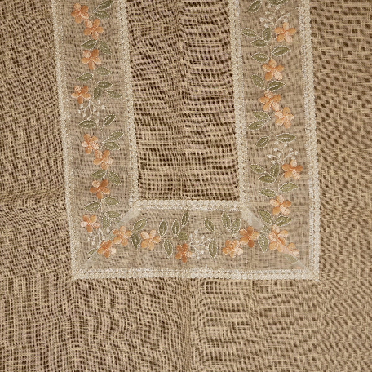 Top view of the embroidered peach floral centre panel