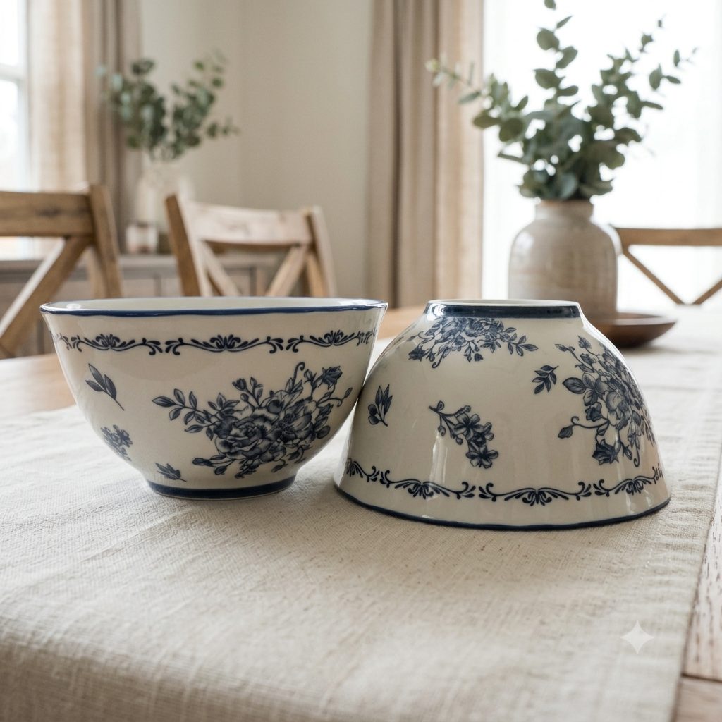 Indigo Rose Ceramic Rice Bowl Set of 4