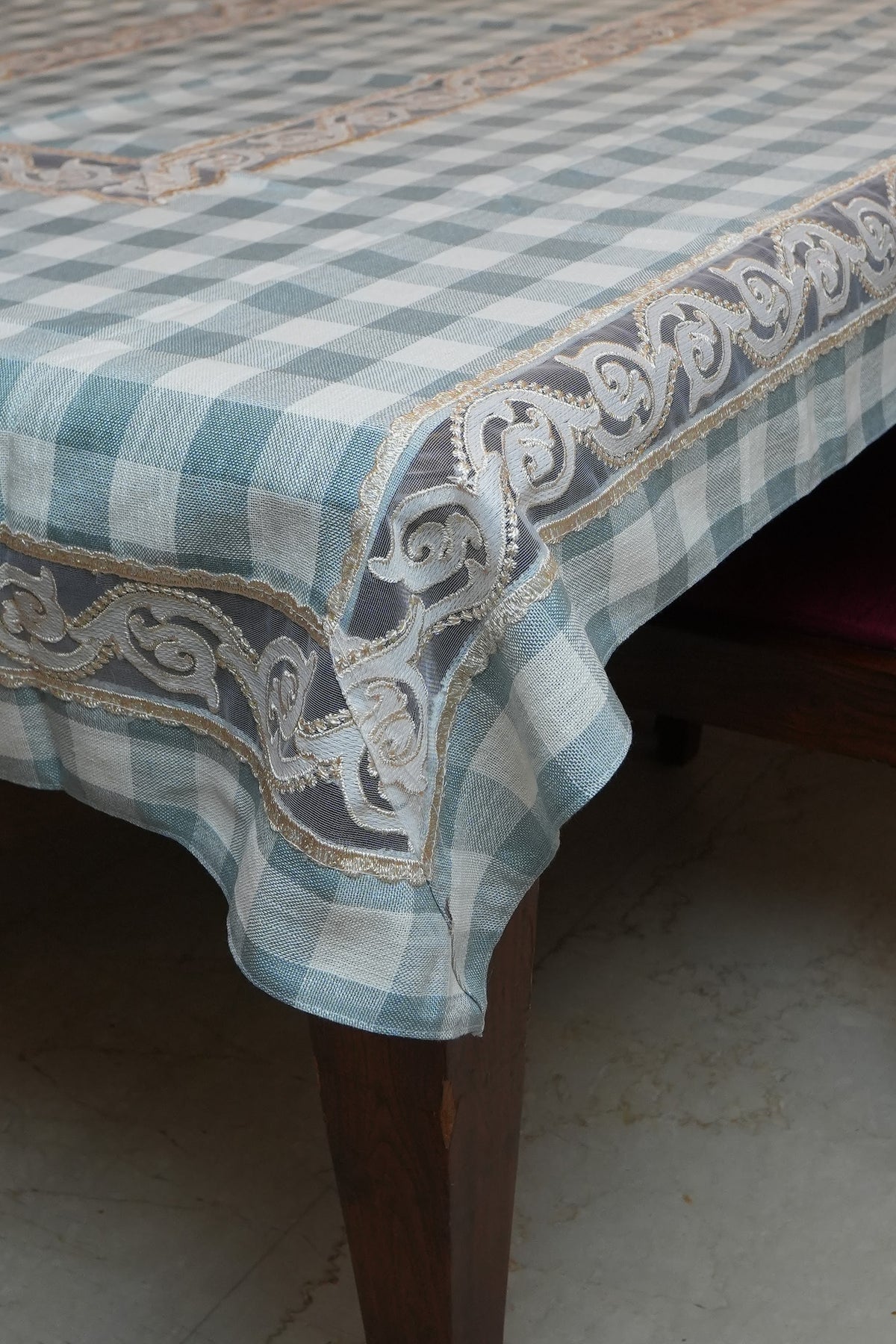 Blue Gingham Check Table Sheet with Scroll Lace Panel (6 Seater)