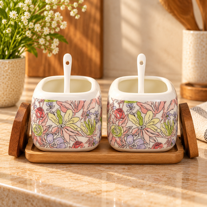 Pastel Blossom Ceramic Pickle Jar Set with Wooden Lids, Spoons & Tray (Set of 2)