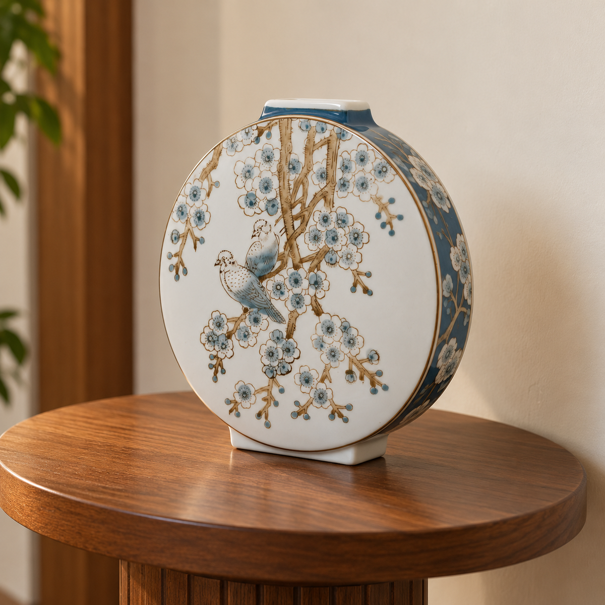 Bluebird & Blossom Tree Ceramic Moon Flask Vase
