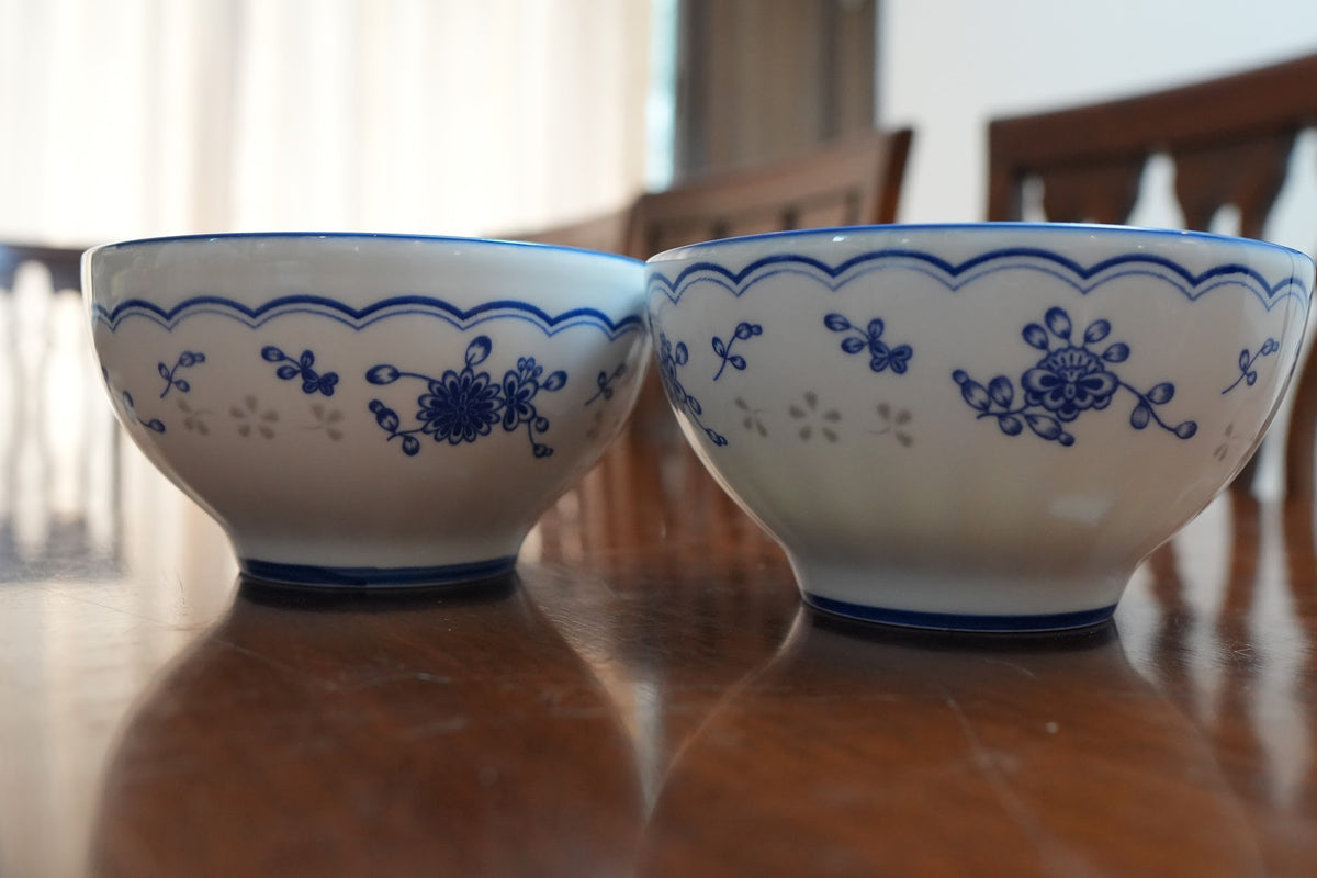 Blue Sprig Scalloped Ceramic Serving Bowl Set of 2