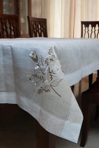 Ivory Embroidered Floral Spray Linen Table Sheet (6 Seater)