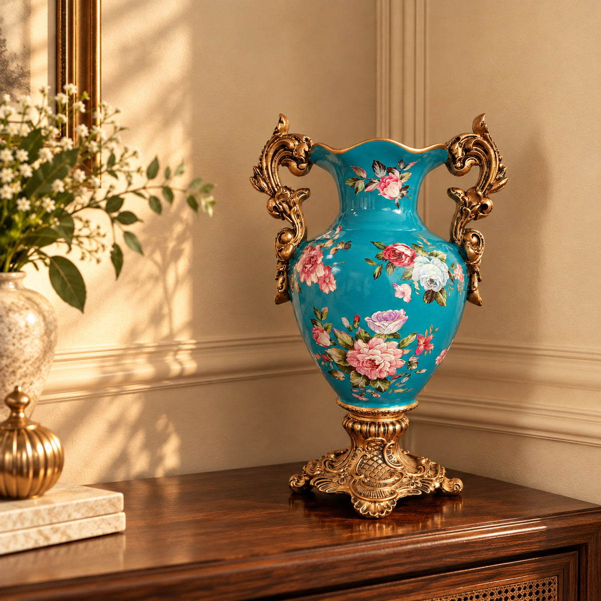 Teal Rose Bouquet Ceramic Vase with Gold Scroll Handles & Pedestal