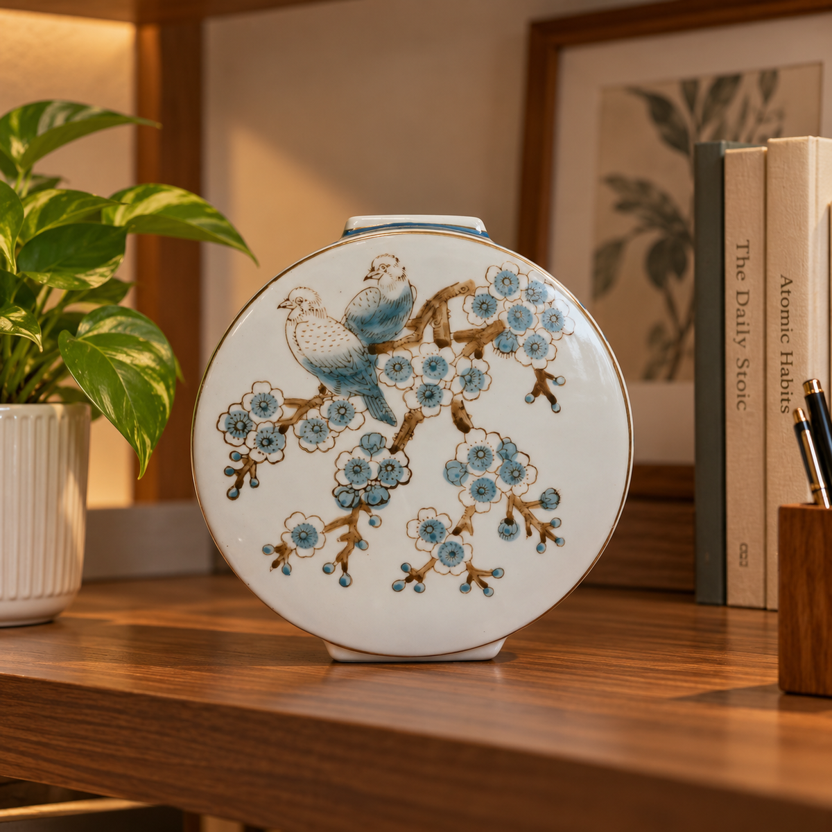 Bluebird & Plum Blossom Ceramic Moon Flask Vase