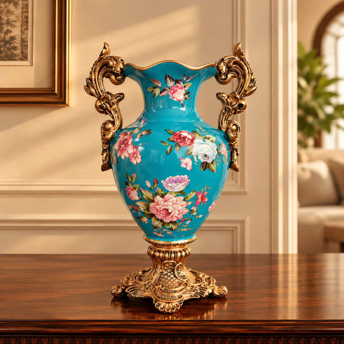 Teal Rose Bouquet Ceramic Vase with Gold Scroll Handles & Pedestal