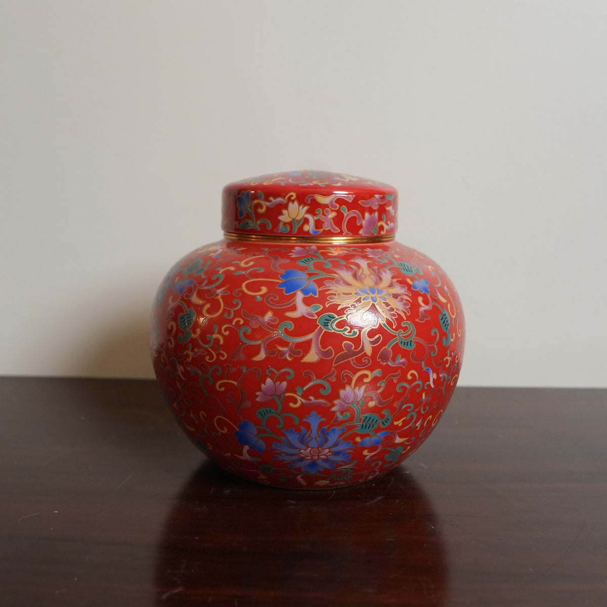 Coral Red Enamel Floral Ceramic Round Lidded Jar
