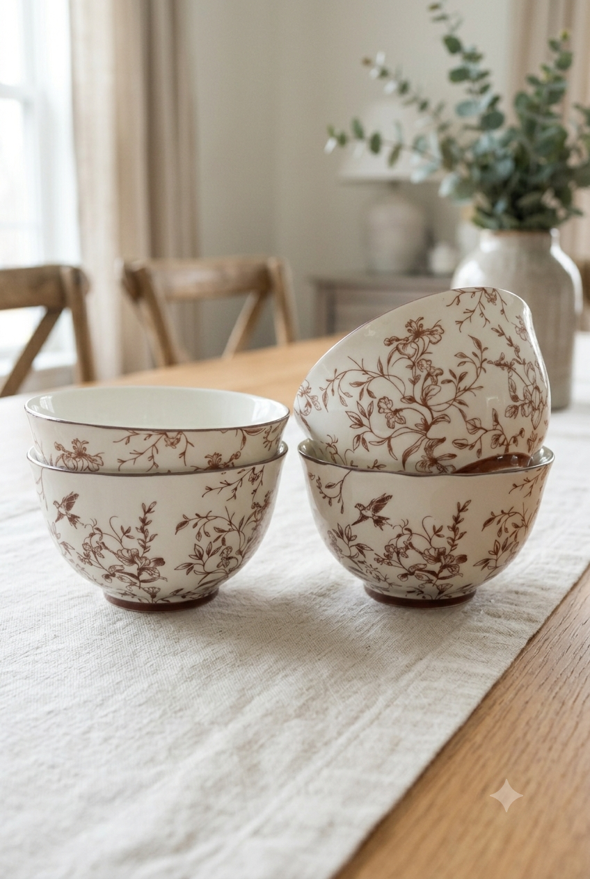 Cinnamon Songbird Ceramic Rice Bowl Set of 4