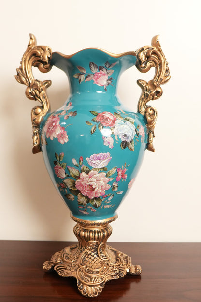Teal Rose Bouquet Ceramic Vase with Gold Scroll Handles & Pedestal