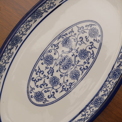 Blue Floral Ceramic Serveware - Oval Serving Platter | Set of 2