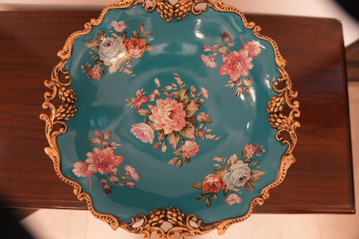 Teal Floral Ceramic Centerpiece Bowl on Gold Stand
