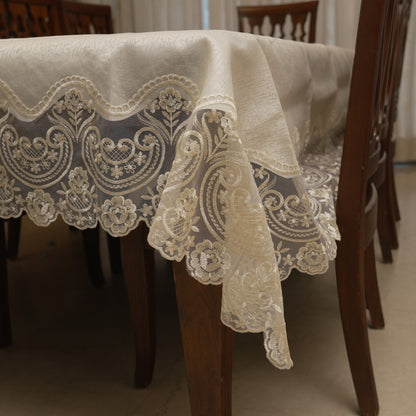 Corner drape showing the sheer embroidered lace border