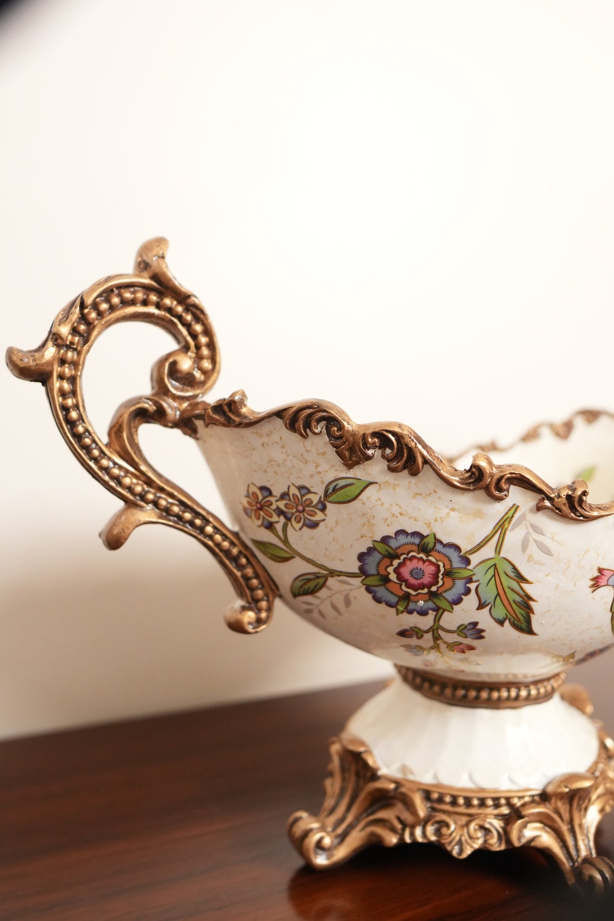 Ivory Floral Ceramic Boat Centerpiece with Gold Handles