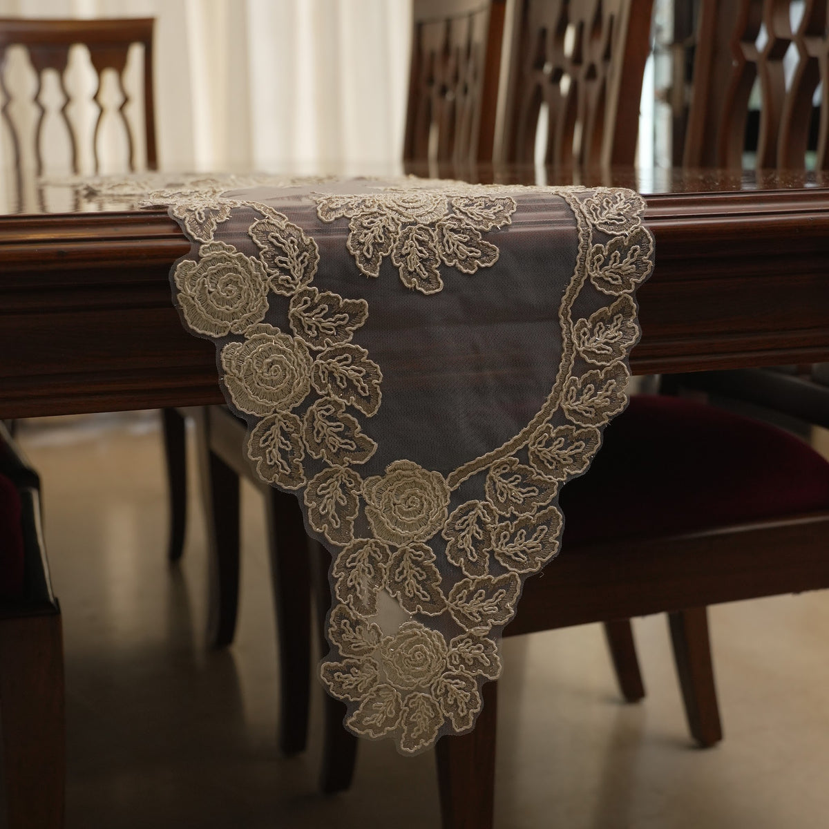 Beige Lace Rose Sheer Table Runner (Long)