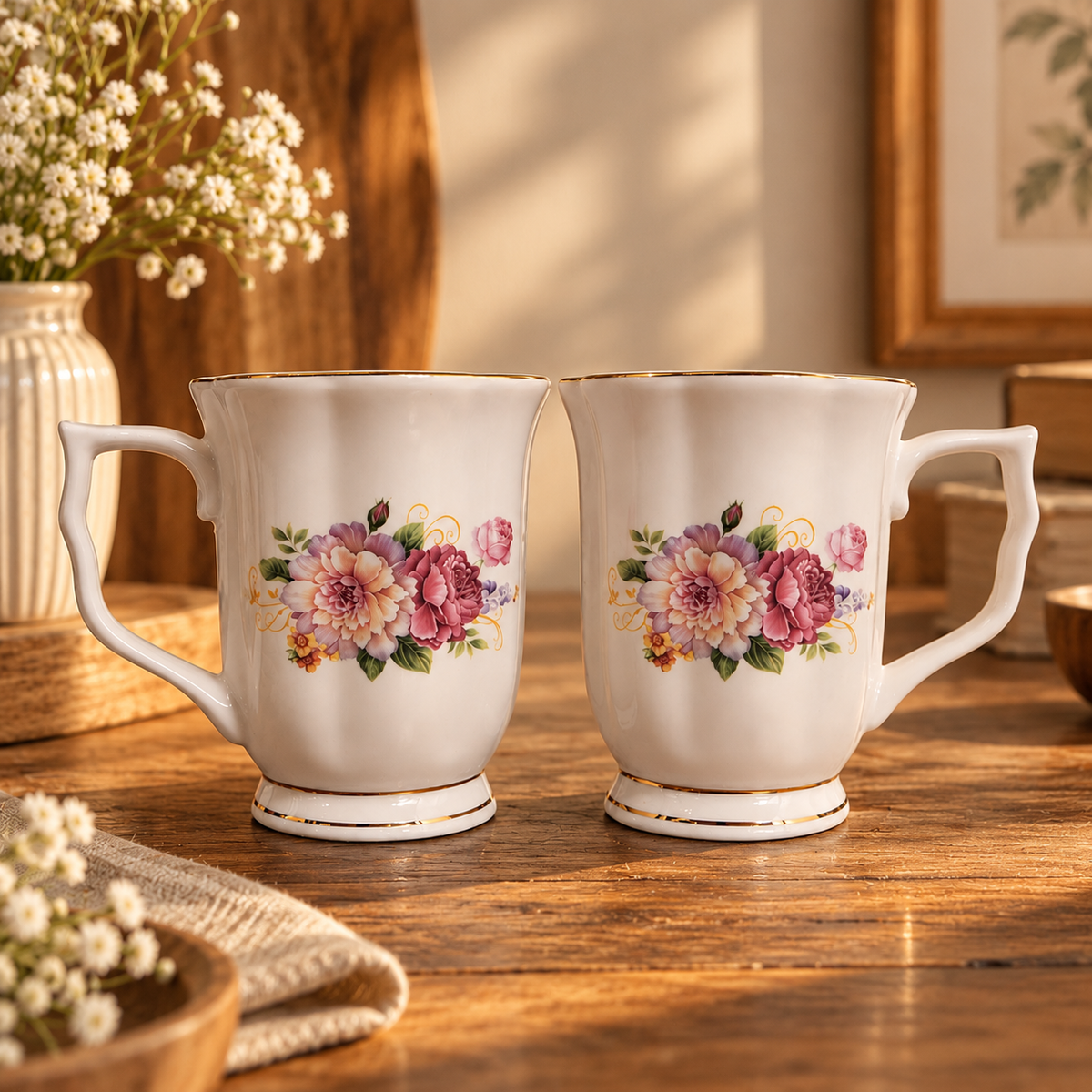 Rose Bouquet Gold Rim Ceramic Mug (Set of 2)