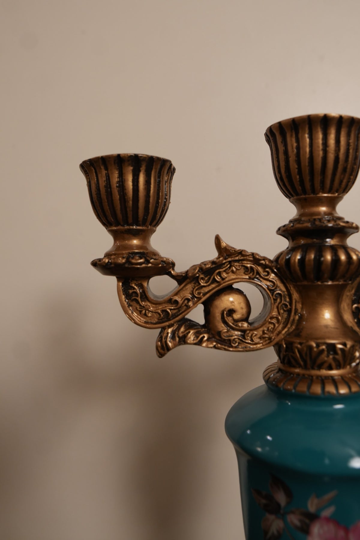 Teal Floral Ceramic 3-Arm Candle Stand with Gold Accents