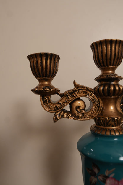 Teal Floral Ceramic 3-Arm Candle Stand with Gold Accents
