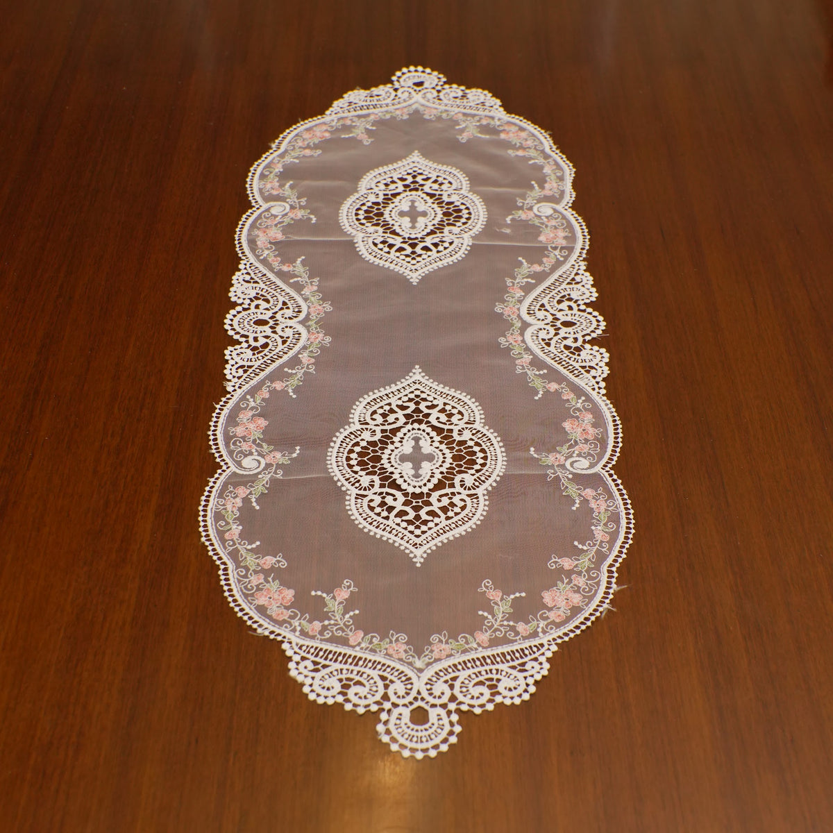 White Lace & Pink Floral Vine Sheer Table Runner (Small)