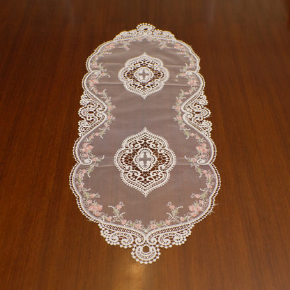 White Lace & Pink Floral Vine Sheer Table Runner (Small)